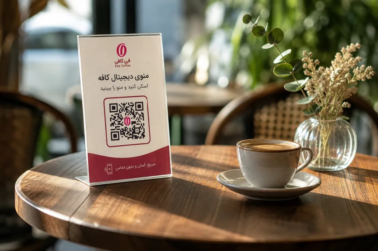 میز کافه با استند QR منوی دیجیتال فی‌کافی